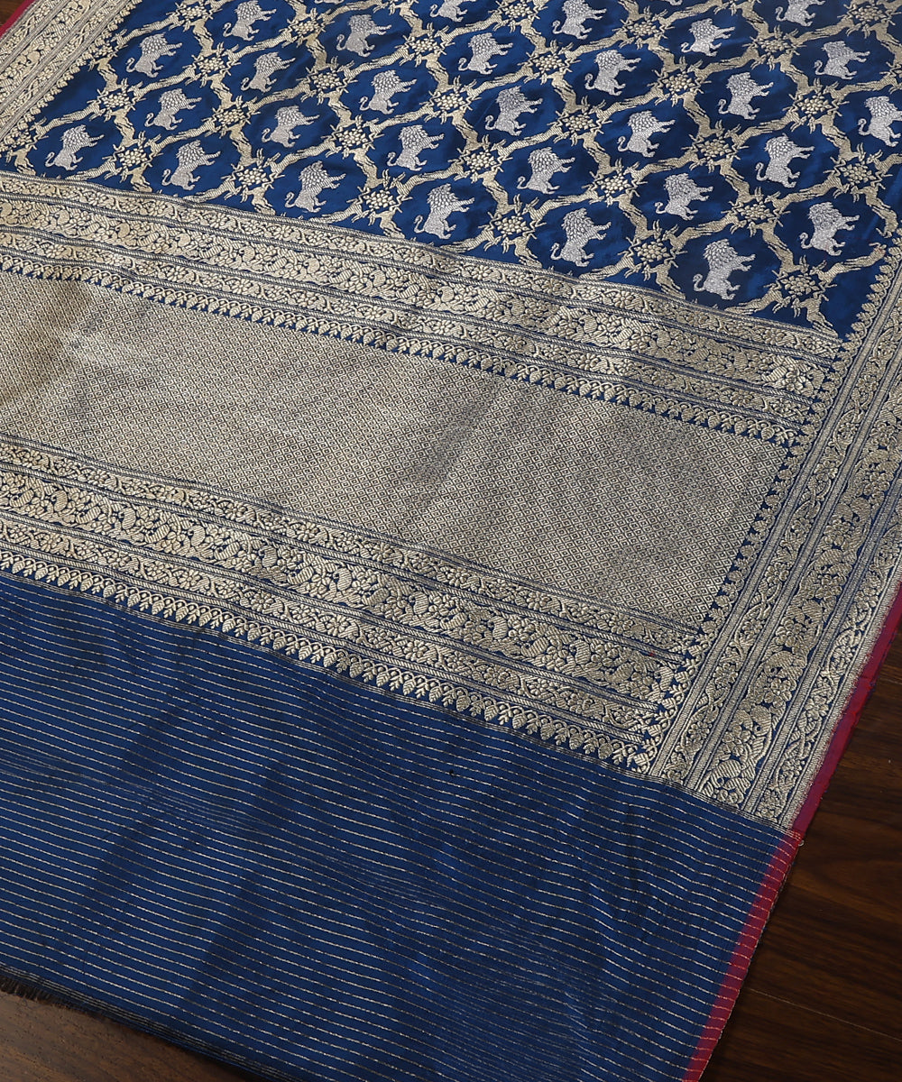 Blue_Handloom_Pure_Katan_Silk_Kadhwa_Shikargah_Banarasi_Dupatta_With_Lion_Motifs_WeaverStory_03