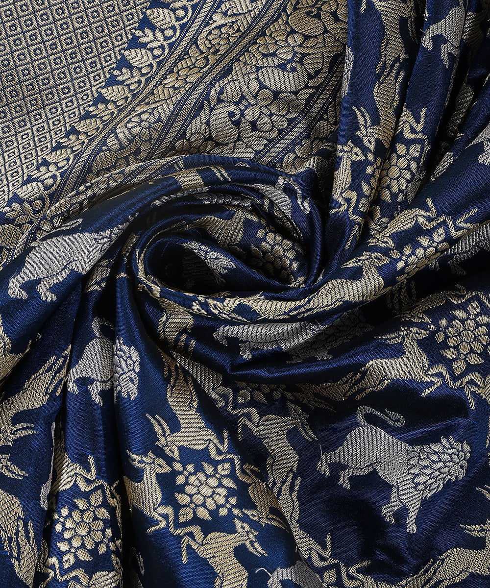 Blue_Handloom_Pure_Katan_Silk_Kadhwa_Shikargah_Banarasi_Dupatta_With_Lion_Motifs_WeaverStory_05