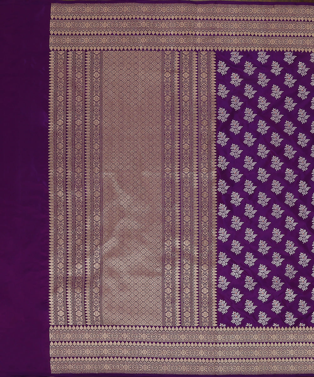Purple_Handloom_Pure_Katan_Silk_Banarasi_Dupatta_With_Silver_Zari_Meenakari_Boota_And_Kadhwa_Border_WeaverStory_02