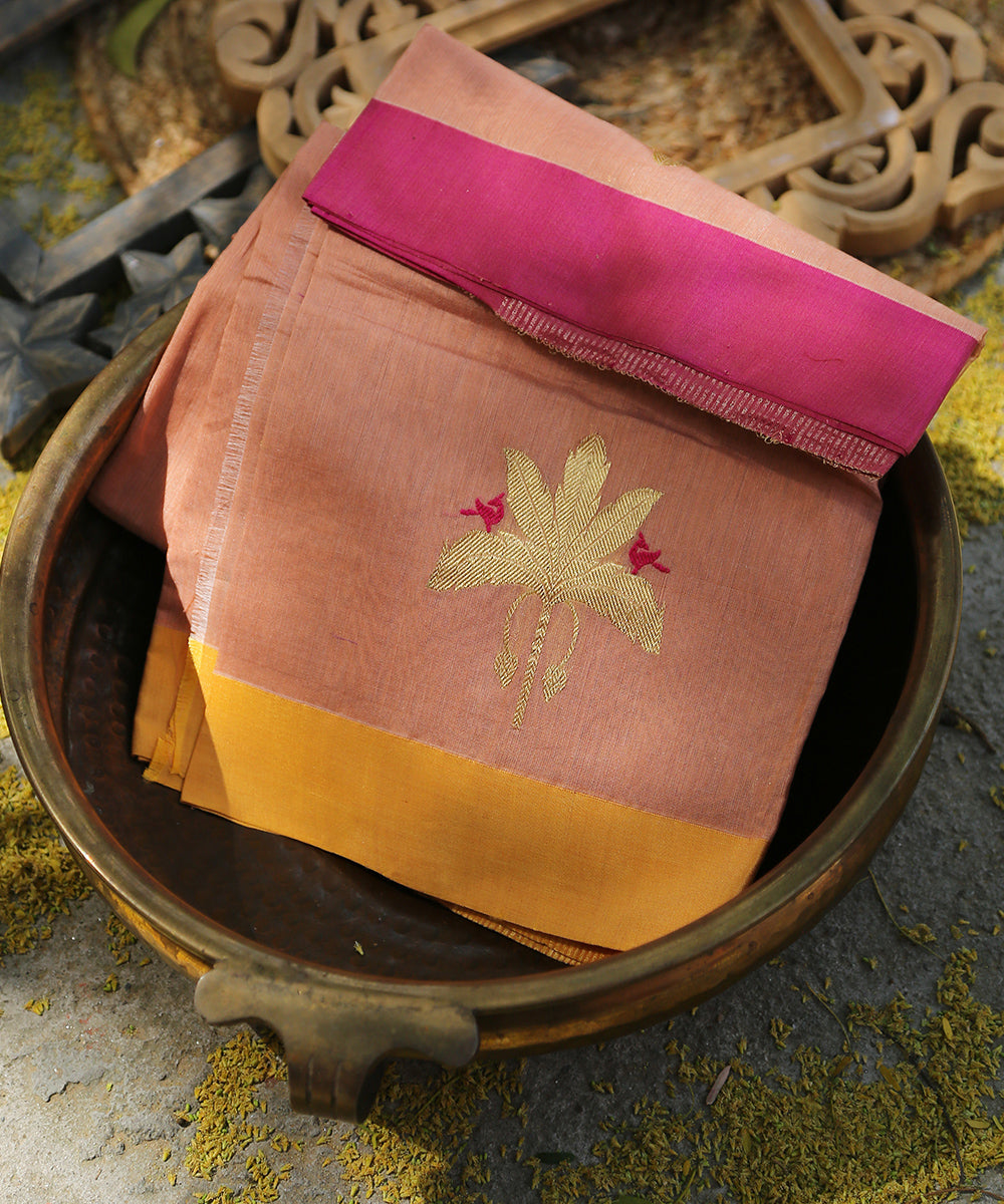 Handloom_Pink_Cotton_Silk_Eknaliya_Chanderi_Dupatta_With_Gold_Leaf_and_Birds_Motif_WeaverStory_01