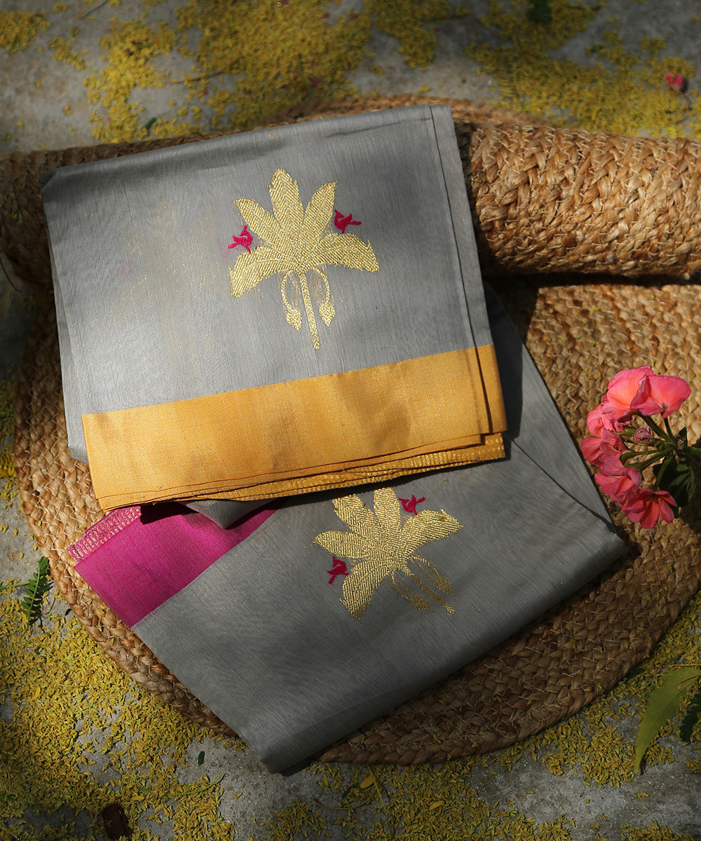 Grey_Handloom_Cotton_Silk_Eknaliya_Chanderi_Dupatta_With_Gold_Leaf_and_Birds_Motif_WeaverStory_01
