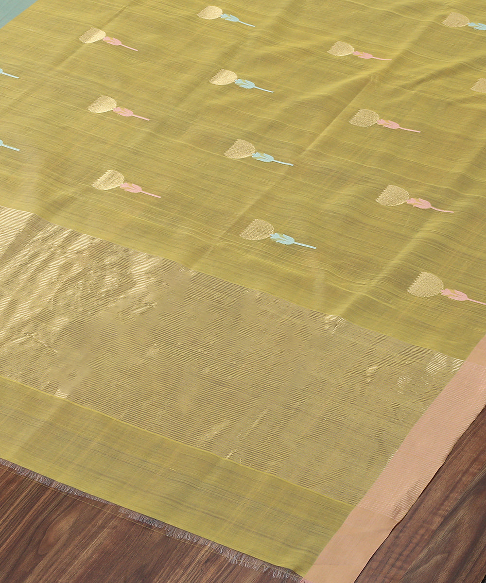 Green_Handloom_Cotton_Silk_Eknaliya_Chanderi_Dupatta_With_Zig_Zag_Flower_Motif_WeaverStory_03