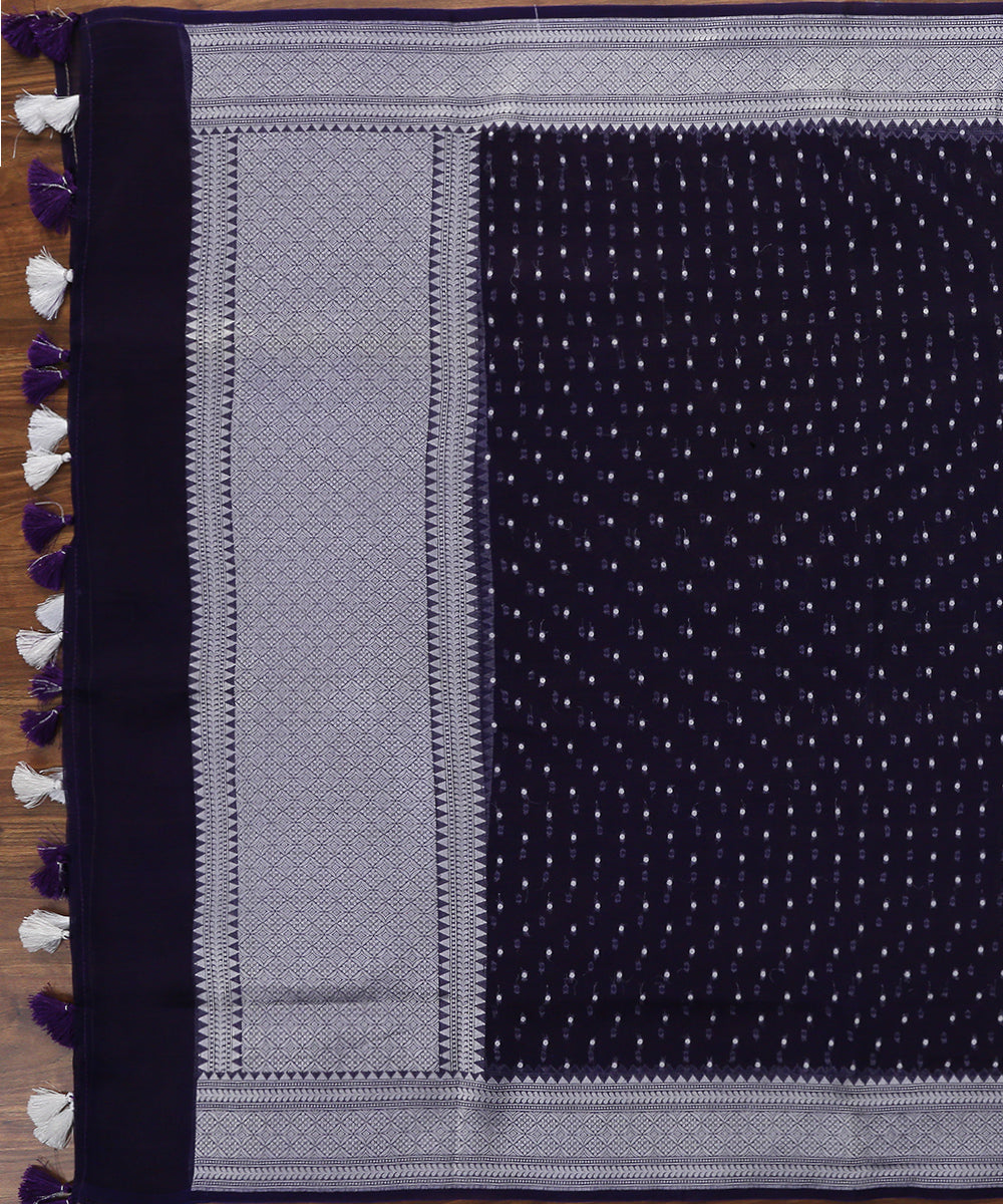 Navy_Blue_Handloom_Organza_Banarasi_Dupatta_With_Silver_Zari_Booti_WeaverStory_02