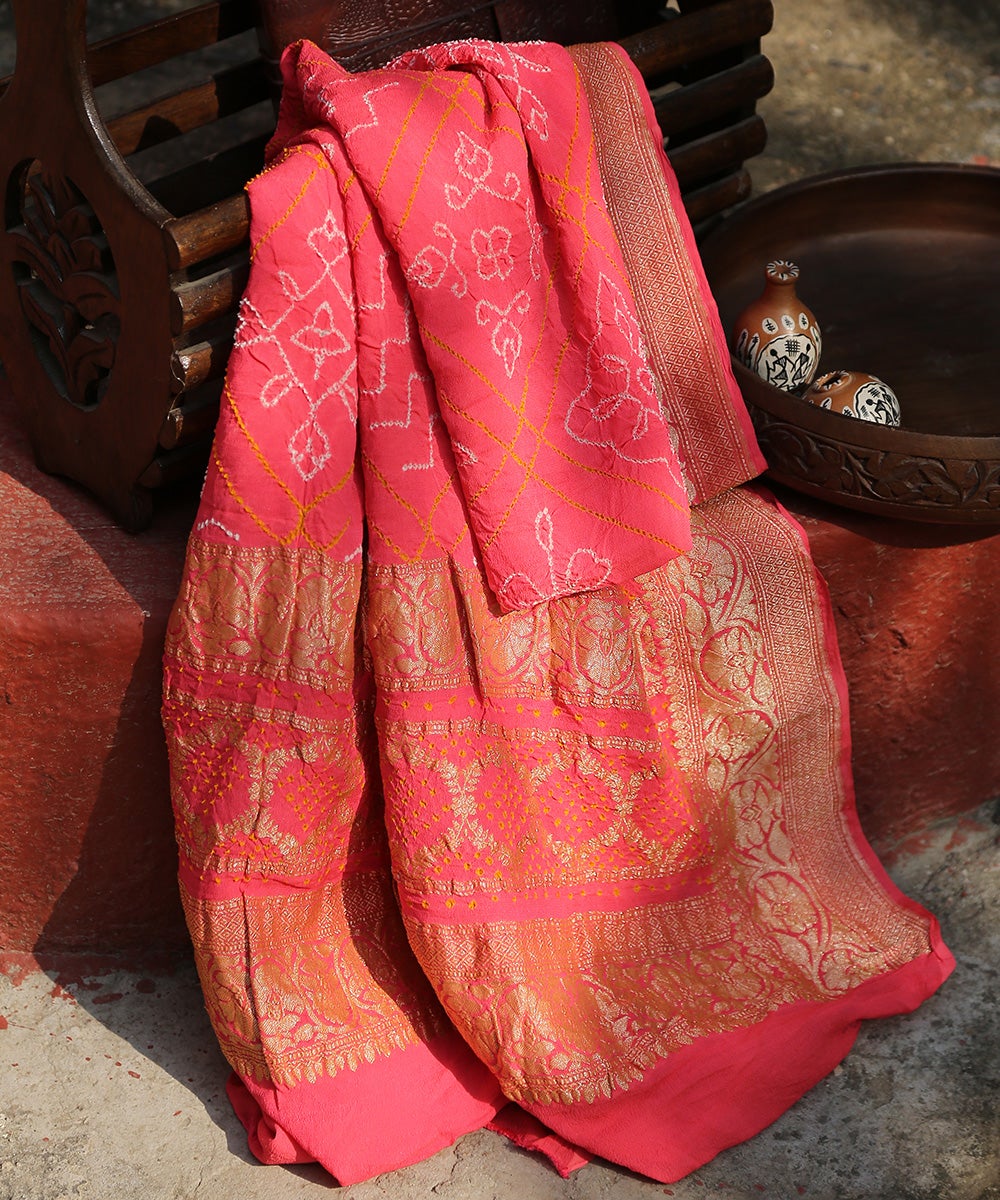 Handloom_Banarasi_Bandhej_Dupatta_in_Peach_with_Kadhwa_Floral_Motifs_WeaverStory_01