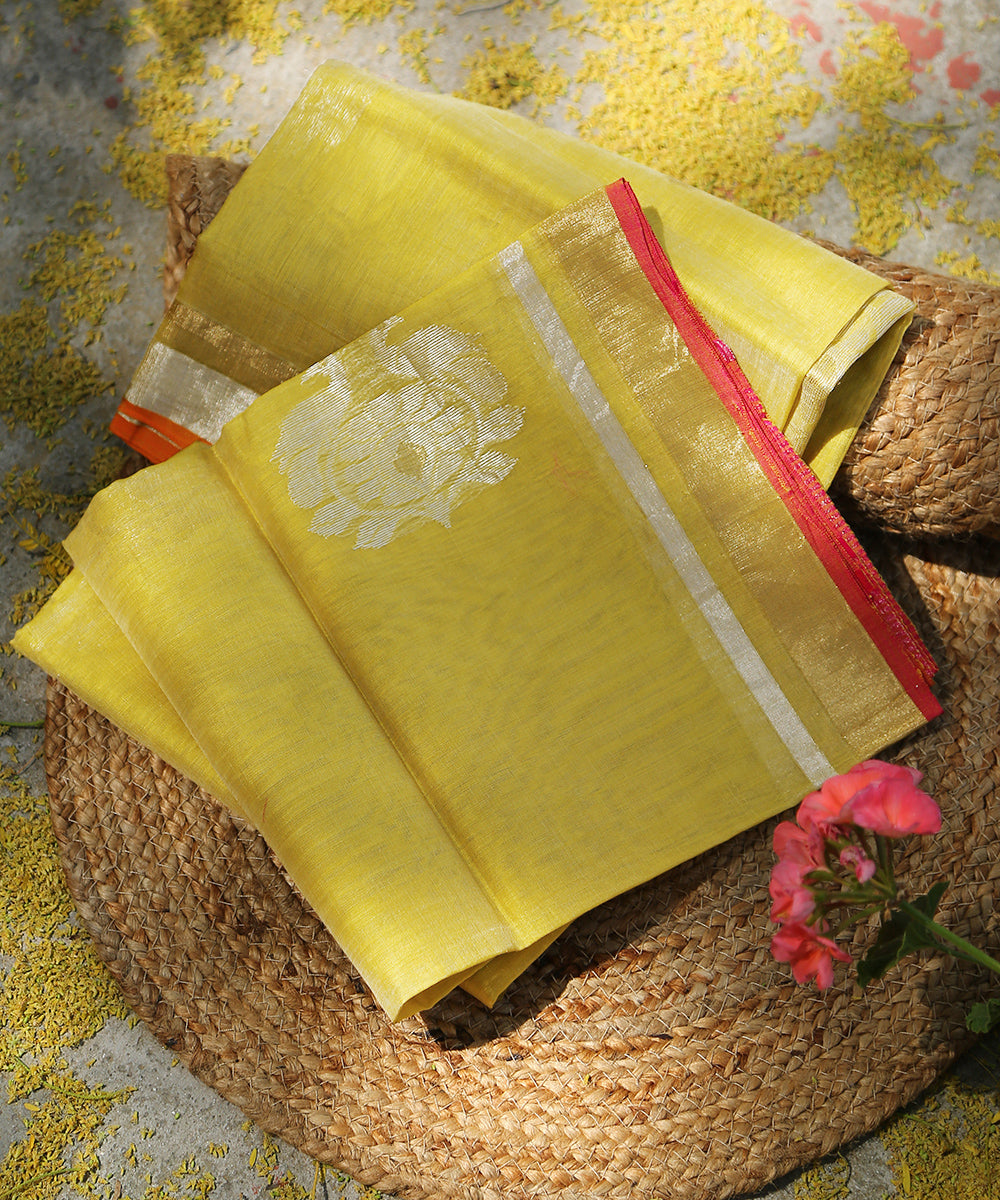 Handloom_Lime_Green_Floral_Motif_Eknaliya_Cotton_Chanderi_Dupatta_WeaverStory_01