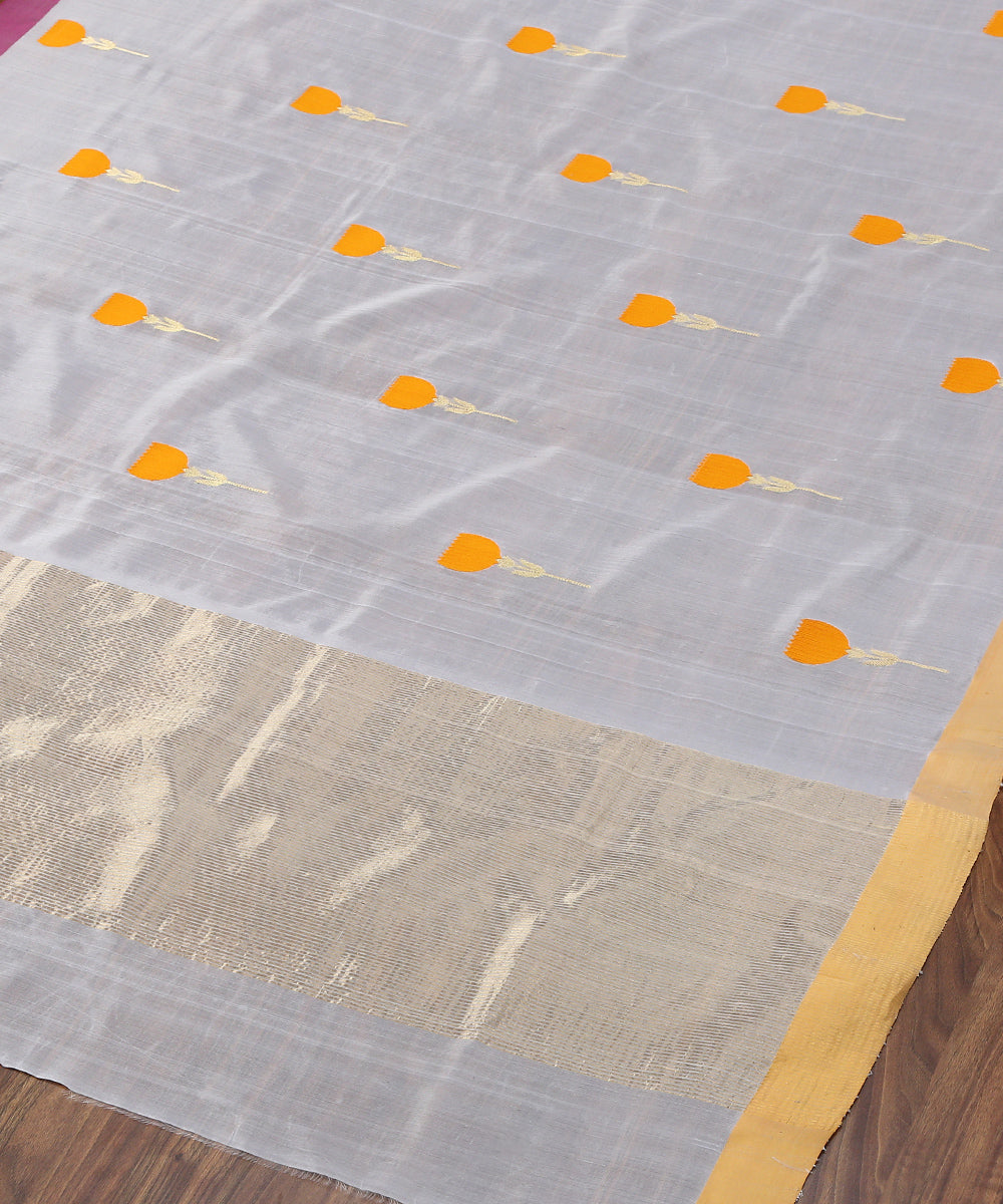 Grey_Handloom_Kadhwa_Chanderi_Silk_Dupatta_with_Orange_Tulip_Boota_WeaverStory_03