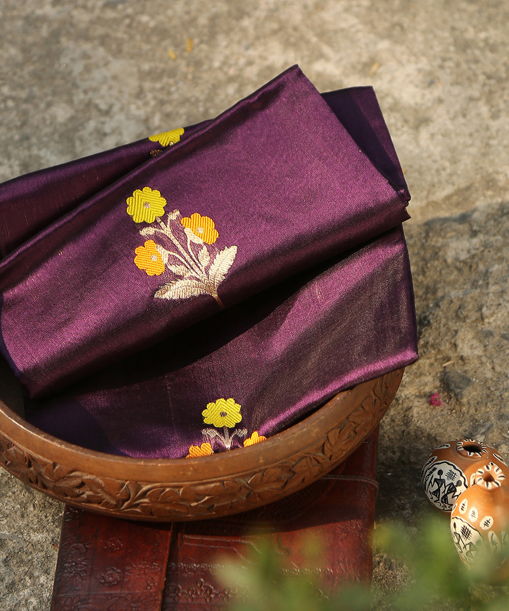 Handloom_Dark_Purple_Pure_Chanderi_Silk_Eknaliya_Chanderi_Dupatta_with_Orange_Floral_Boota_WeaverStory_01