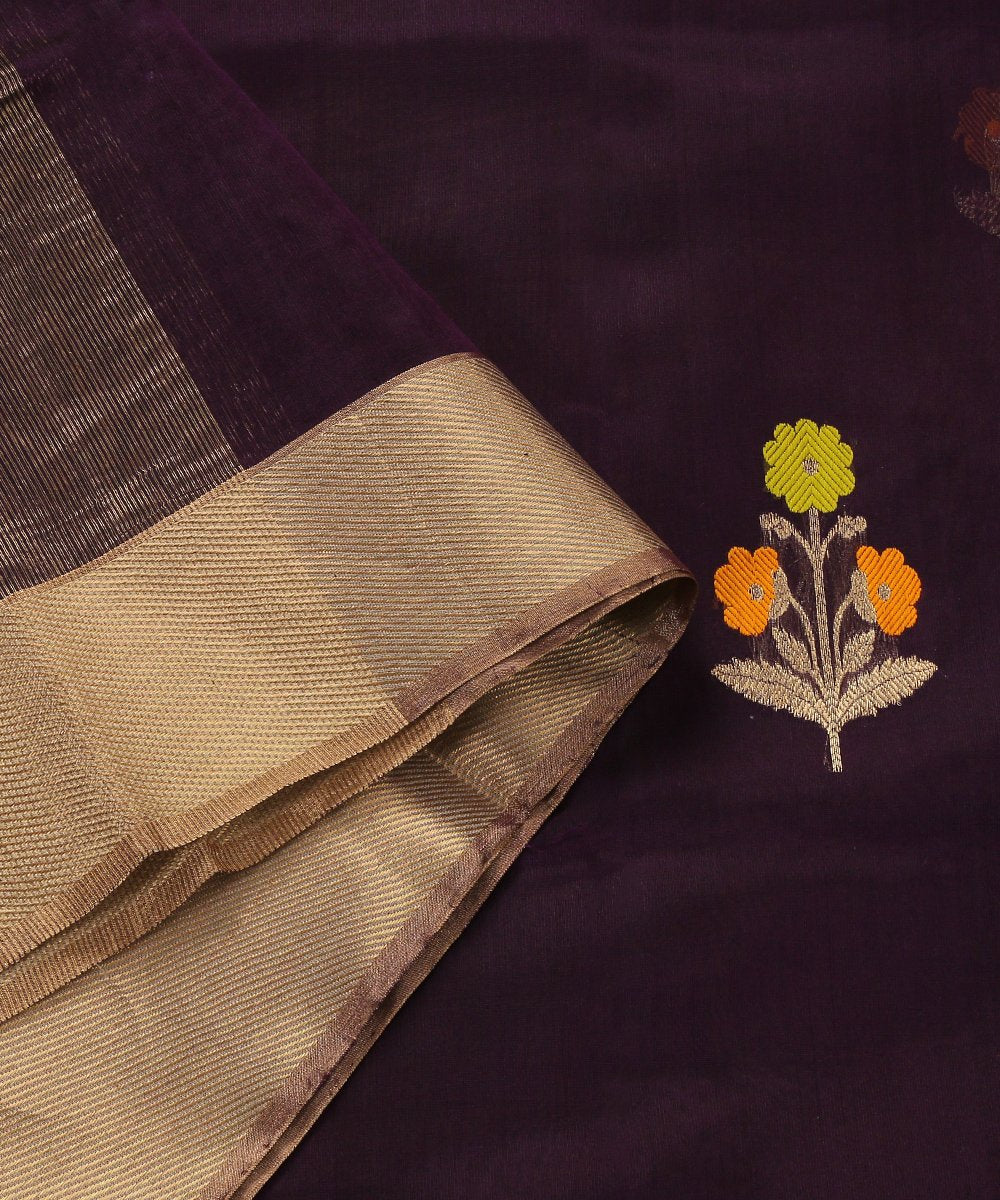 Handloom_Dark_Purple_Pure_Chanderi_Silk_Eknaliya_Chanderi_Dupatta_with_Orange_Floral_Boota_WeaverStory_04