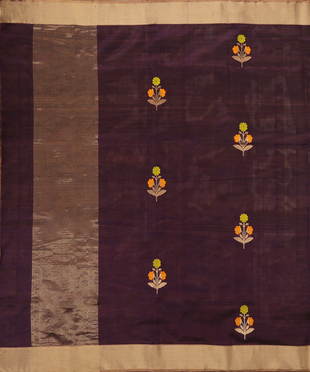 Handloom_Dark_Purple_Pure_Chanderi_Silk_Eknaliya_Chanderi_Dupatta_with_Orange_Floral_Boota_WeaverStory_02