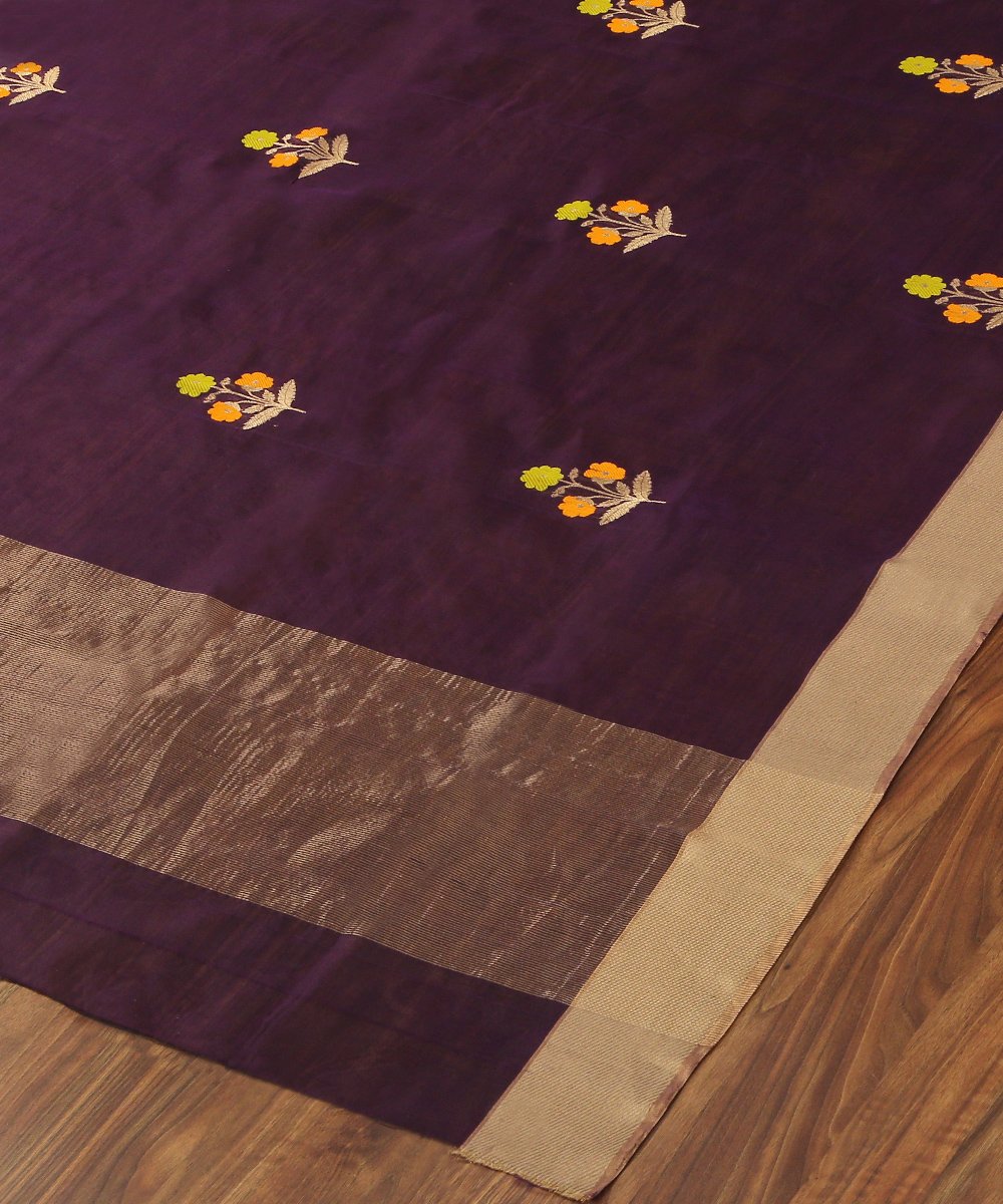 Handloom_Dark_Purple_Pure_Chanderi_Silk_Eknaliya_Chanderi_Dupatta_with_Orange_Floral_Boota_WeaverStory_03