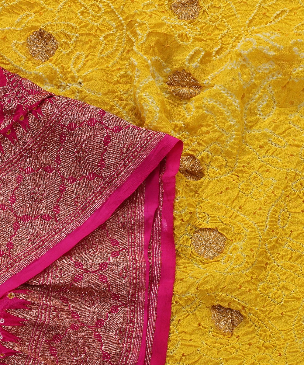 Handloom_Yellow_And_Pink_Georgette_Banarasi_Bandhej_Dupatta_with_Kadhwa_Booti_WeaverStory_04