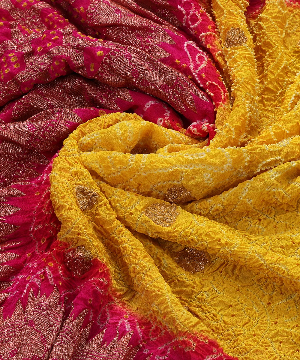 Handloom_Yellow_And_Pink_Georgette_Banarasi_Bandhej_Dupatta_with_Kadhwa_Booti_WeaverStory_05