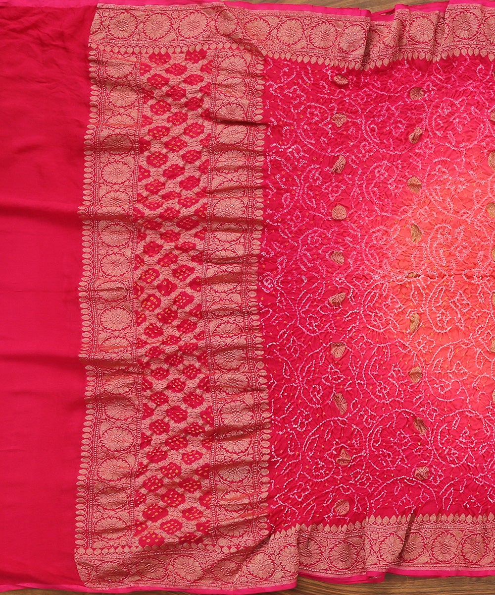 Pink_Handloom_Georgette_Kadhwa_Banarasi_Bandhej_Dupatta_with_Golden_Zari_Floral_Border_WeaverStory_02