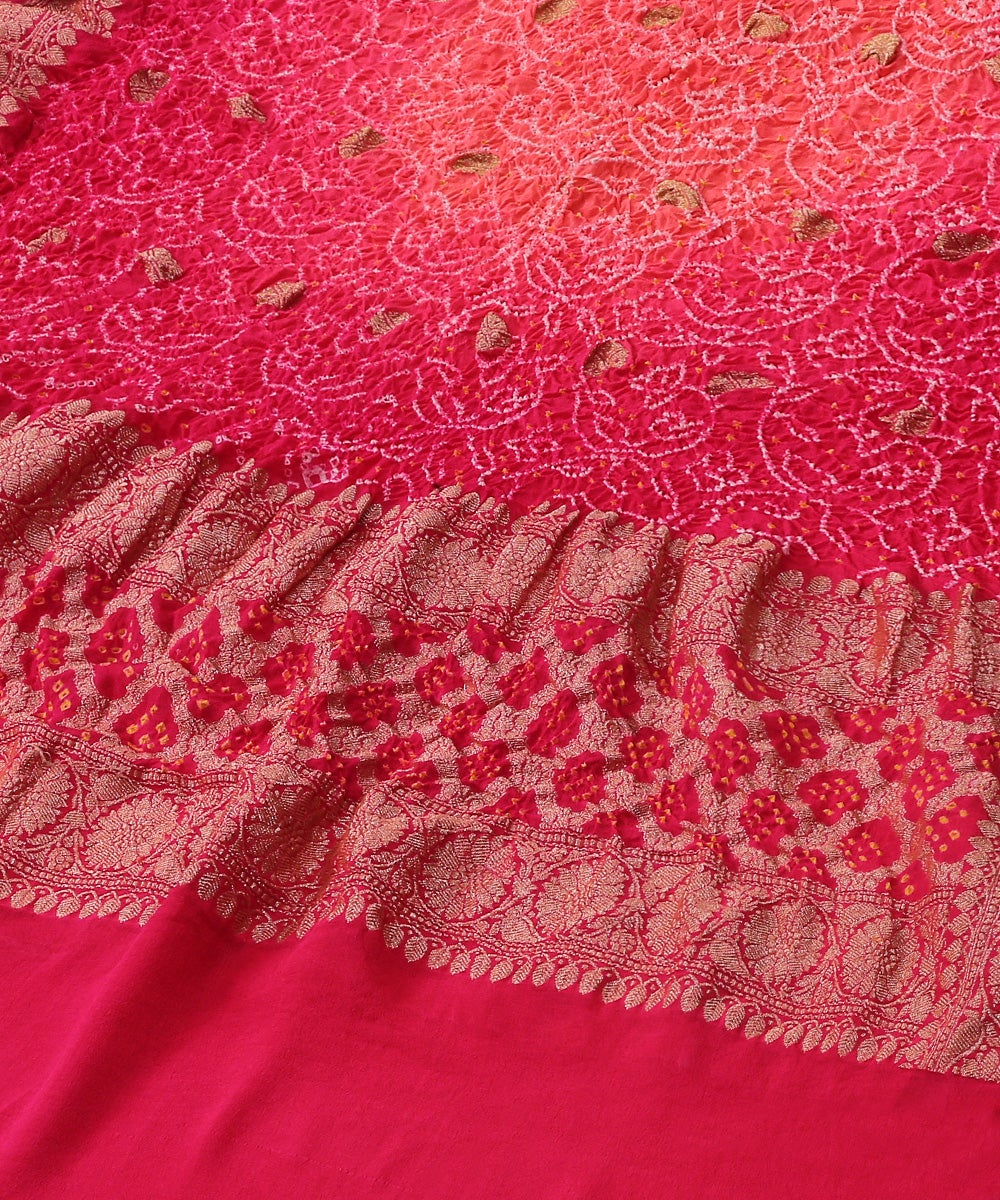 Pink_Handloom_Georgette_Kadhwa_Banarasi_Bandhej_Dupatta_with_Golden_Zari_Floral_Border_WeaverStory_03