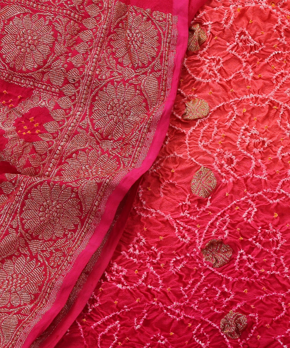 Pink_Handloom_Georgette_Kadhwa_Banarasi_Bandhej_Dupatta_with_Golden_Zari_Floral_Border_WeaverStory_04