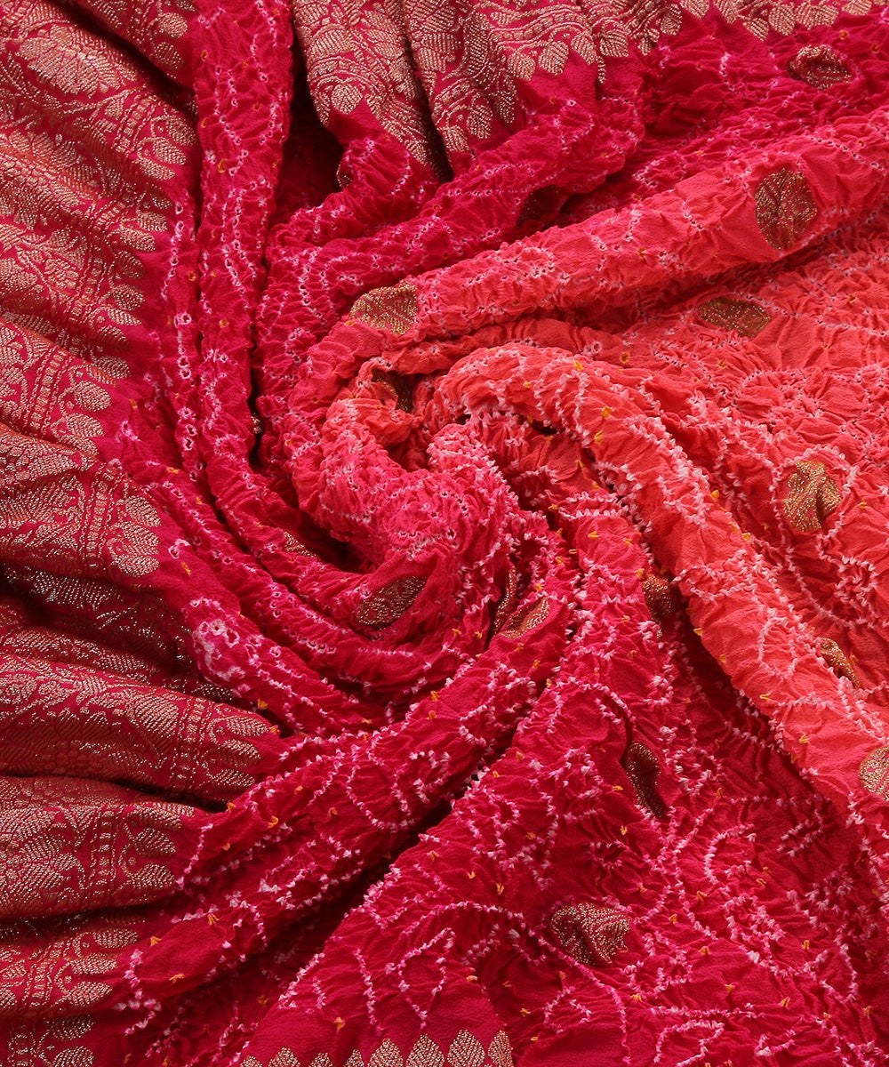 Pink_Handloom_Georgette_Kadhwa_Banarasi_Bandhej_Dupatta_with_Golden_Zari_Floral_Border_WeaverStory_05