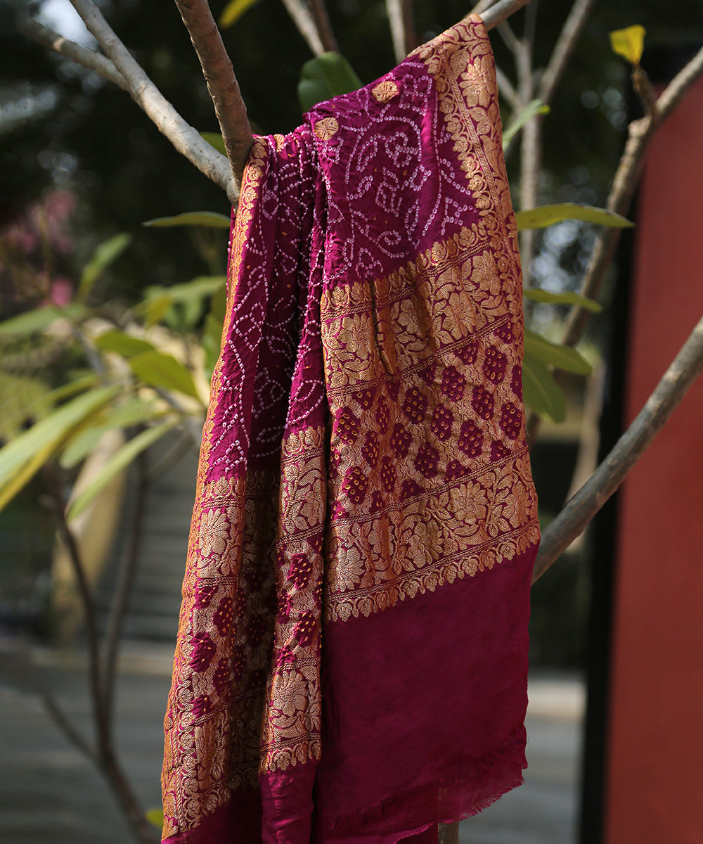 Plum_Handloom_Georgette_Bandhej_Kadhwa_Banarasi_Dupatta_WeaverStory_01