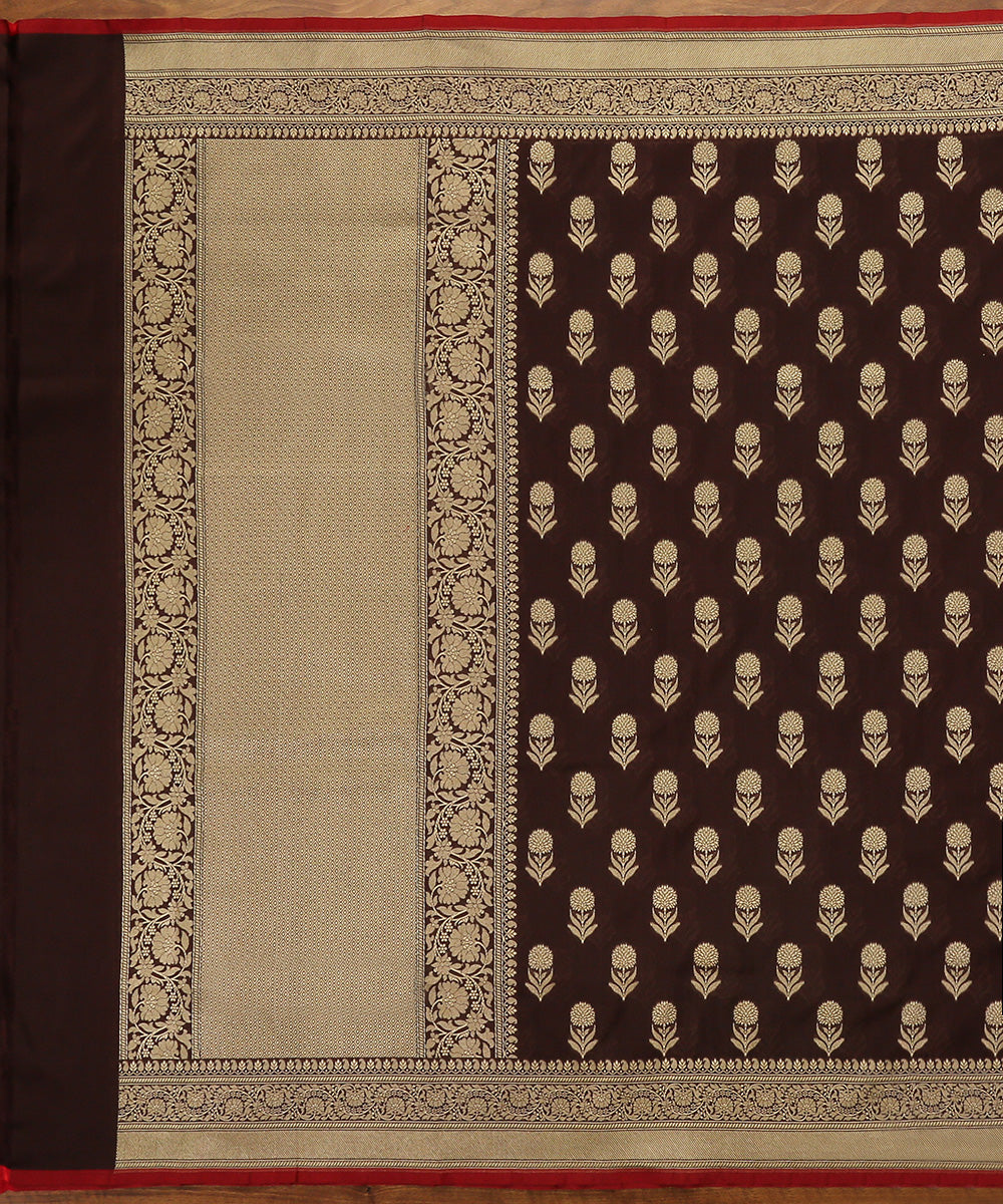 Handloom_Brown_Katan_Georgette_Banarasi_Dupatta_with_Sun_Flower_Motifs_and_Red_selvedge_WeaverStory_02
