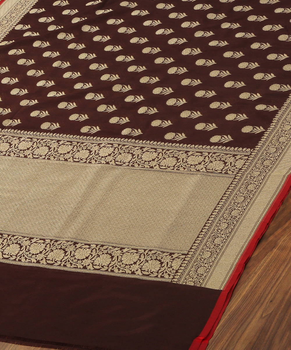 Handloom_Brown_Katan_Georgette_Banarasi_Dupatta_with_Sun_Flower_Motifs_and_Red_selvedge_WeaverStory_03