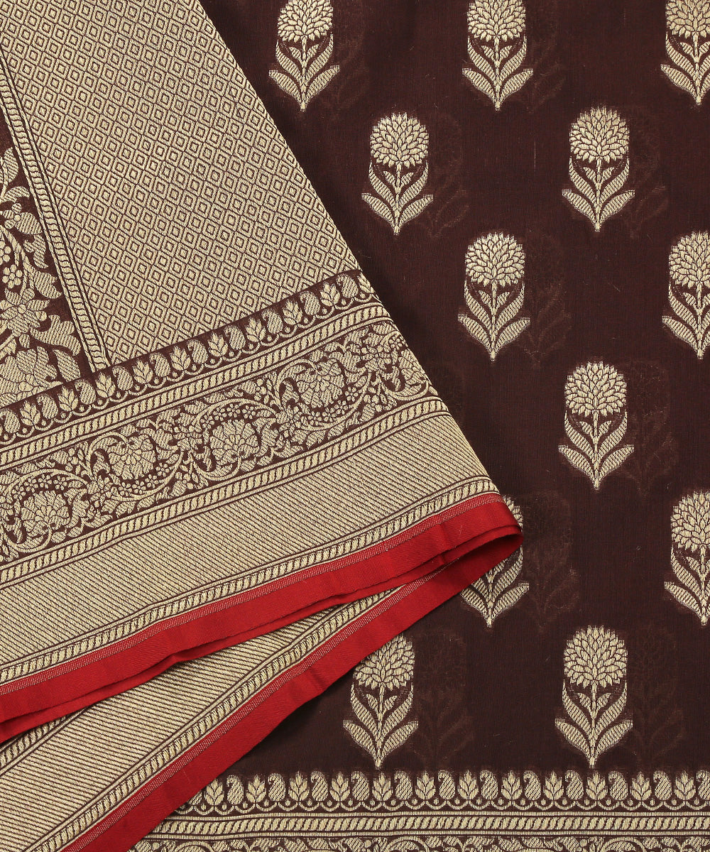 Handloom_Brown_Katan_Georgette_Banarasi_Dupatta_with_Sun_Flower_Motifs_and_Red_selvedge_WeaverStory_04