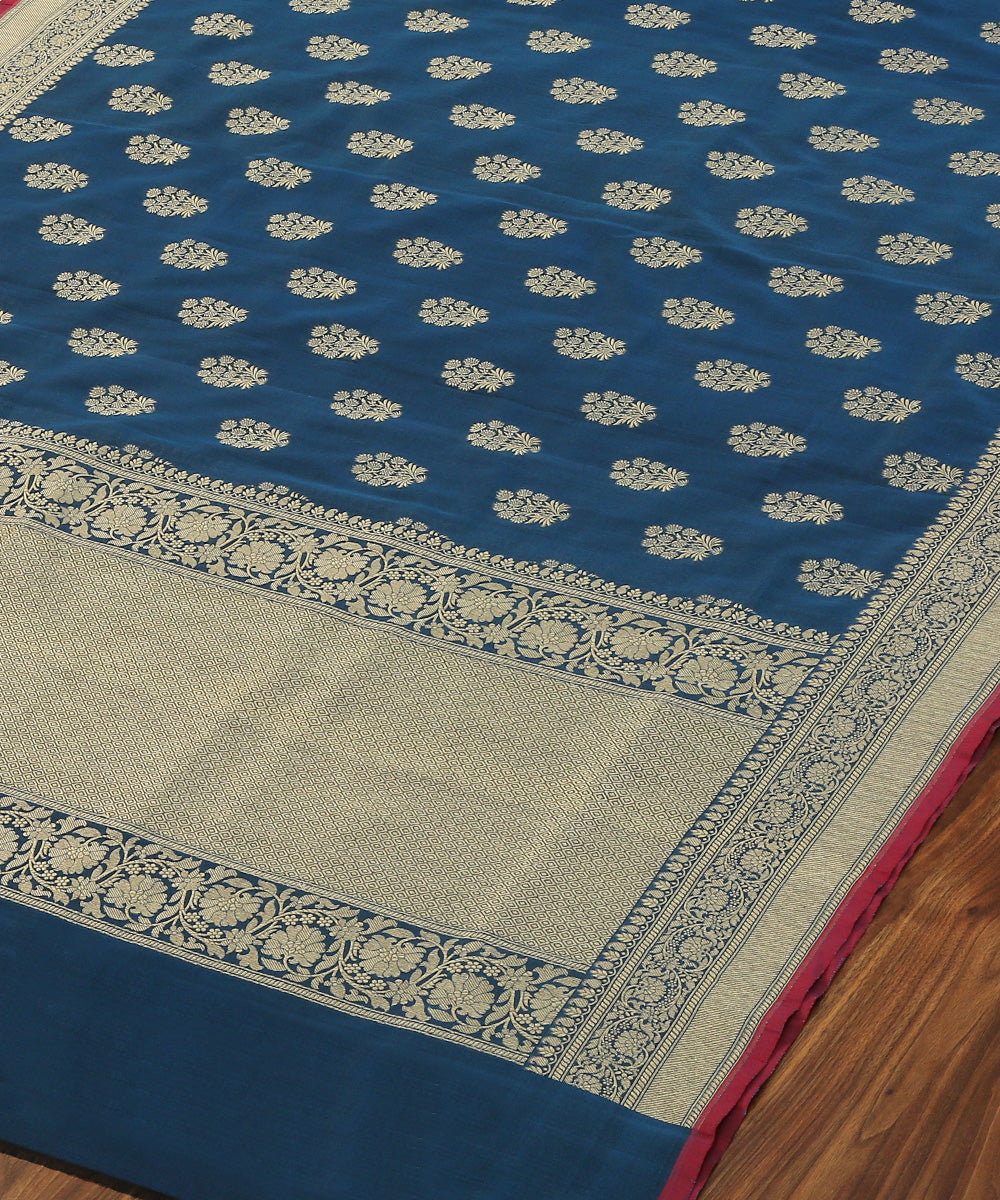 Teal_Handloom_Katan_Georgette_Banarasi_Dupatta_Jangla_Border_with_floral_Booti_WeaverStory_03