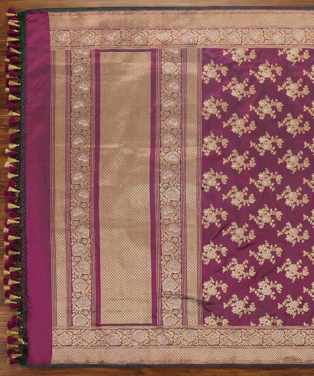 Handloom_Purple_And_Green_Dual_Tone_Katan_Silk_Kadhwa_Dupatta_With_Floral_Bunches_WeaverStory_02