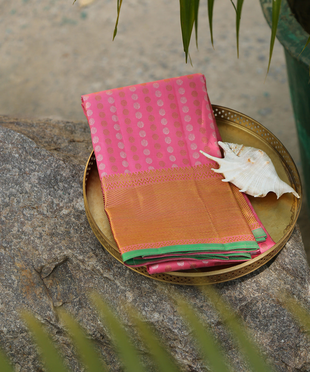 Pink_Handloom_Pure_Zari_Kanjivaram_Dupatta_With_Gold_And_Silver_Zari_Rudraksh_Motifs_WeaverStory_01