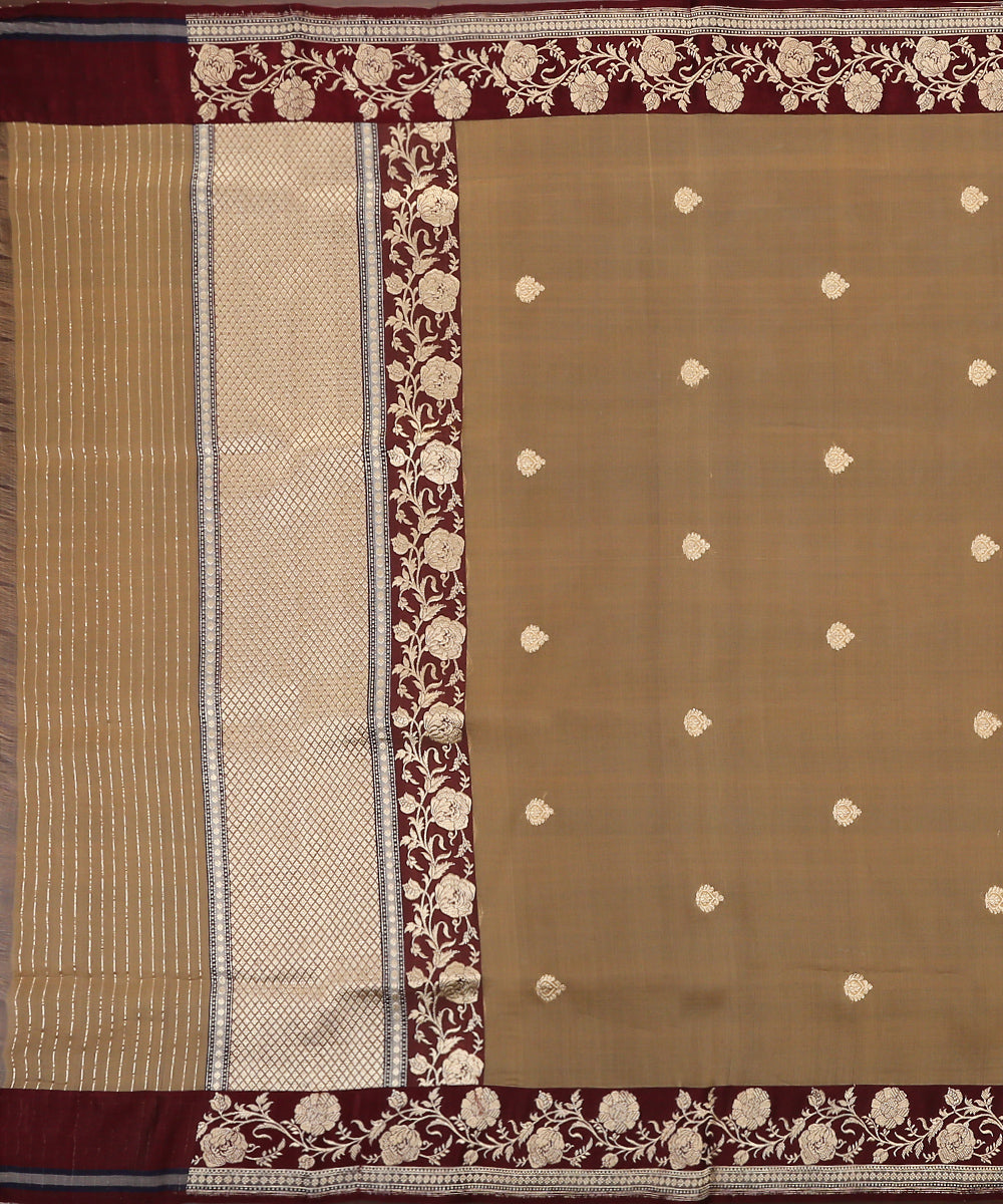 Soft_Brown_Handloom_Pure_Organza_Banarasi_Dupatta_With_Kadhwa_Booti_And_Maroon_Satin_Border_WeaverStory_02
