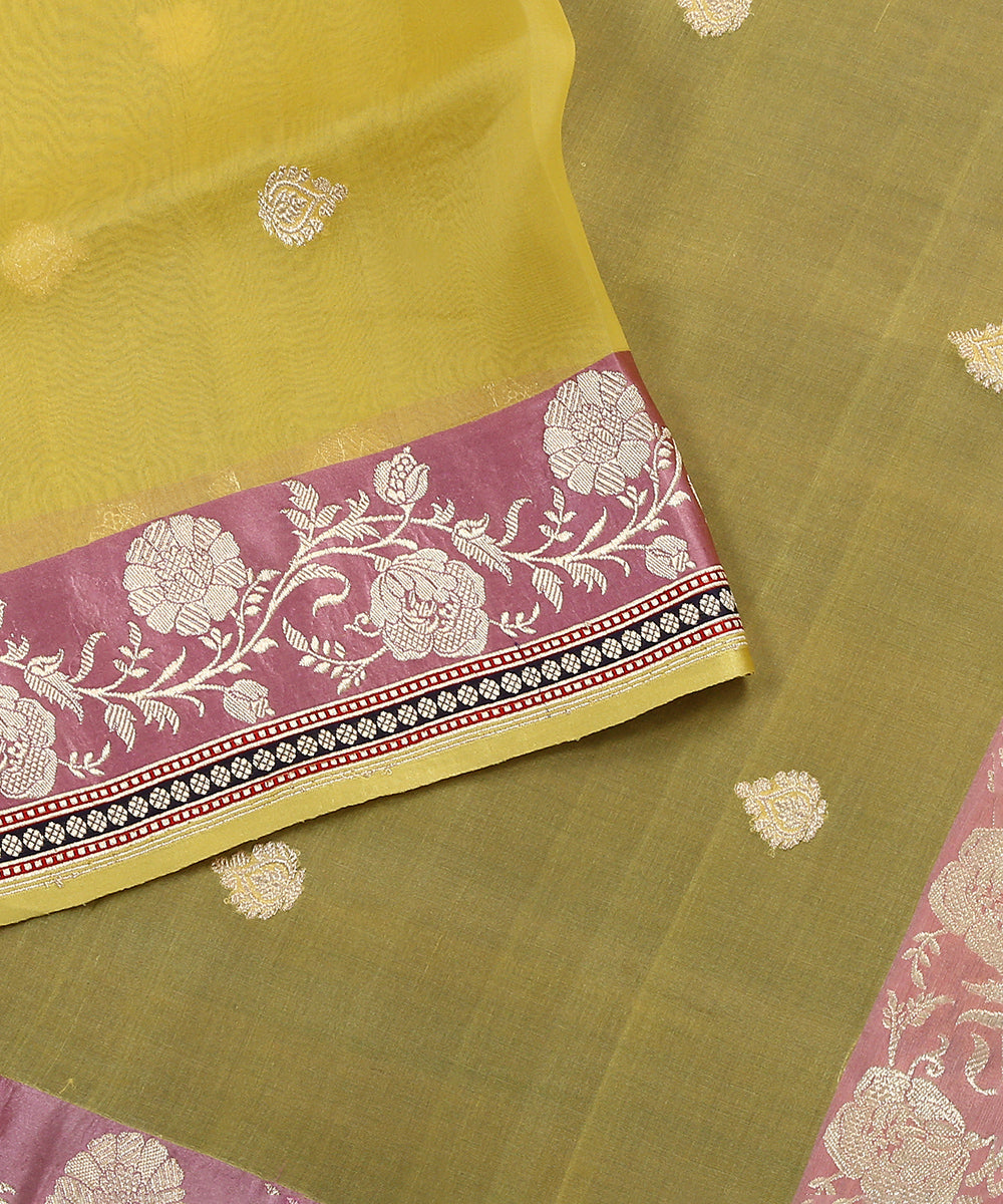 Handloom_Yellow_Pure_Organza_Banarasi_Dupatta_With_Kadhwa_Booti_And_Mauve_Satin_Border_WeaverStory_04