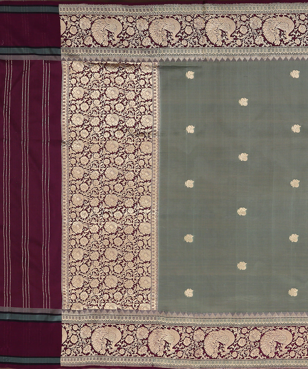 Sage_Green_Handloom_Pure_Organza_Banarasi_Dupatta_With_Kadhwa_Booti_And_Purple_Shikargah_Border_WeaverStory_02