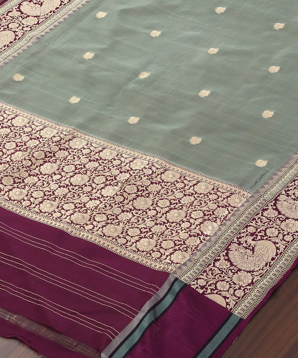 Sage_Green_Handloom_Pure_Organza_Banarasi_Dupatta_With_Kadhwa_Booti_And_Purple_Shikargah_Border_WeaverStory_03