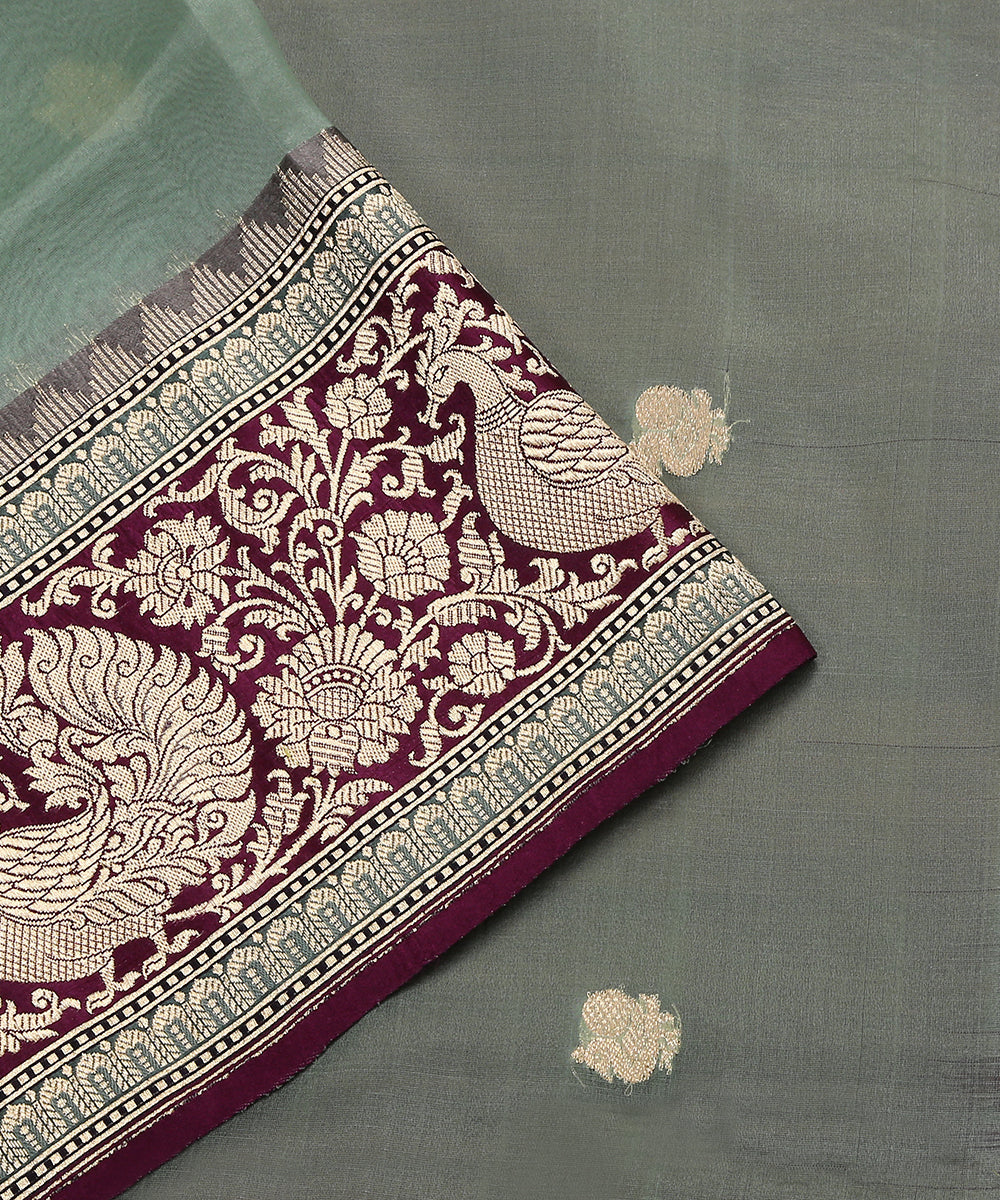 Sage_Green_Handloom_Pure_Organza_Banarasi_Dupatta_With_Kadhwa_Booti_And_Purple_Shikargah_Border_WeaverStory_04