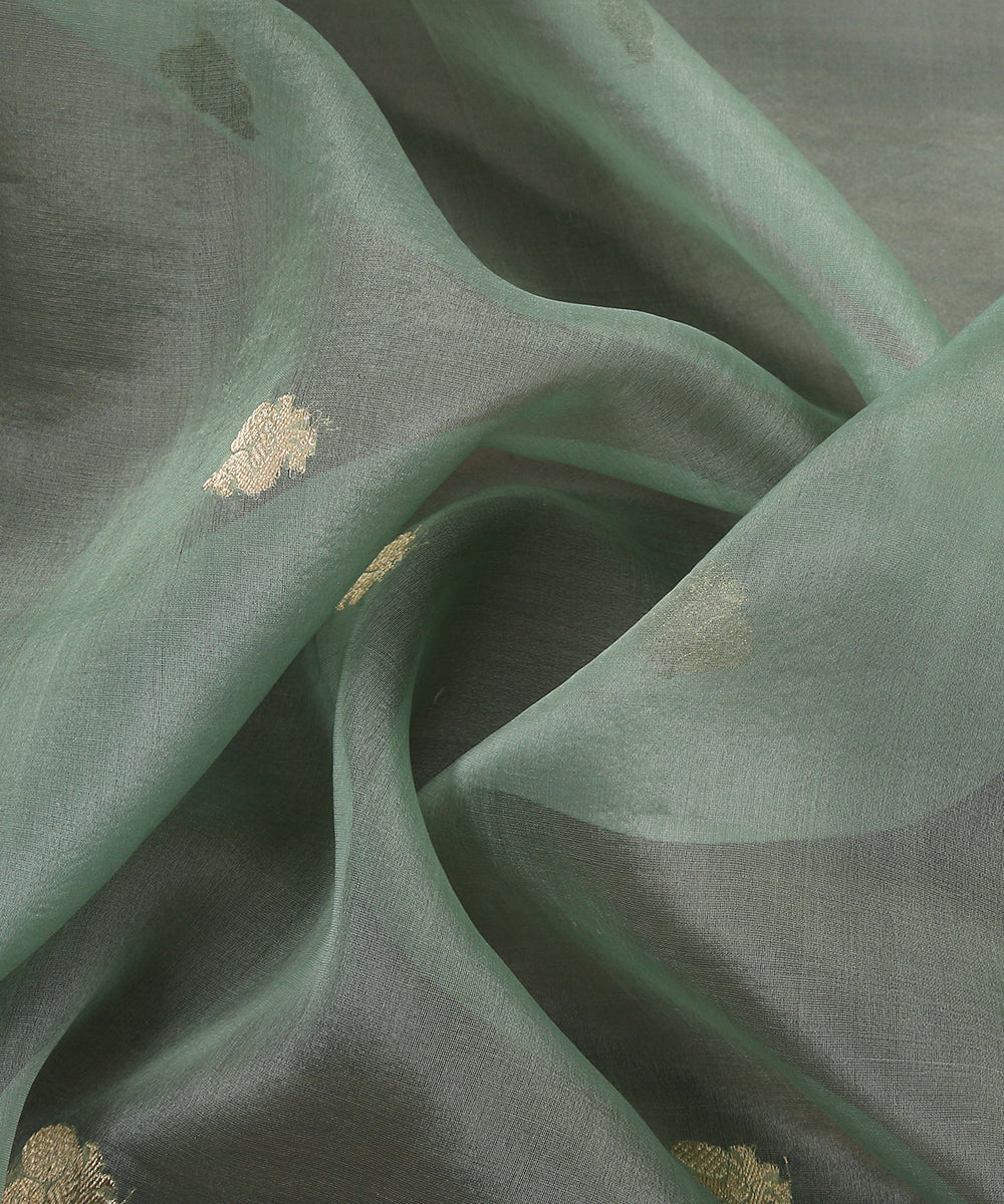 Sage_Green_Handloom_Pure_Organza_Banarasi_Dupatta_With_Kadhwa_Booti_And_Purple_Shikargah_Border_WeaverStory_05