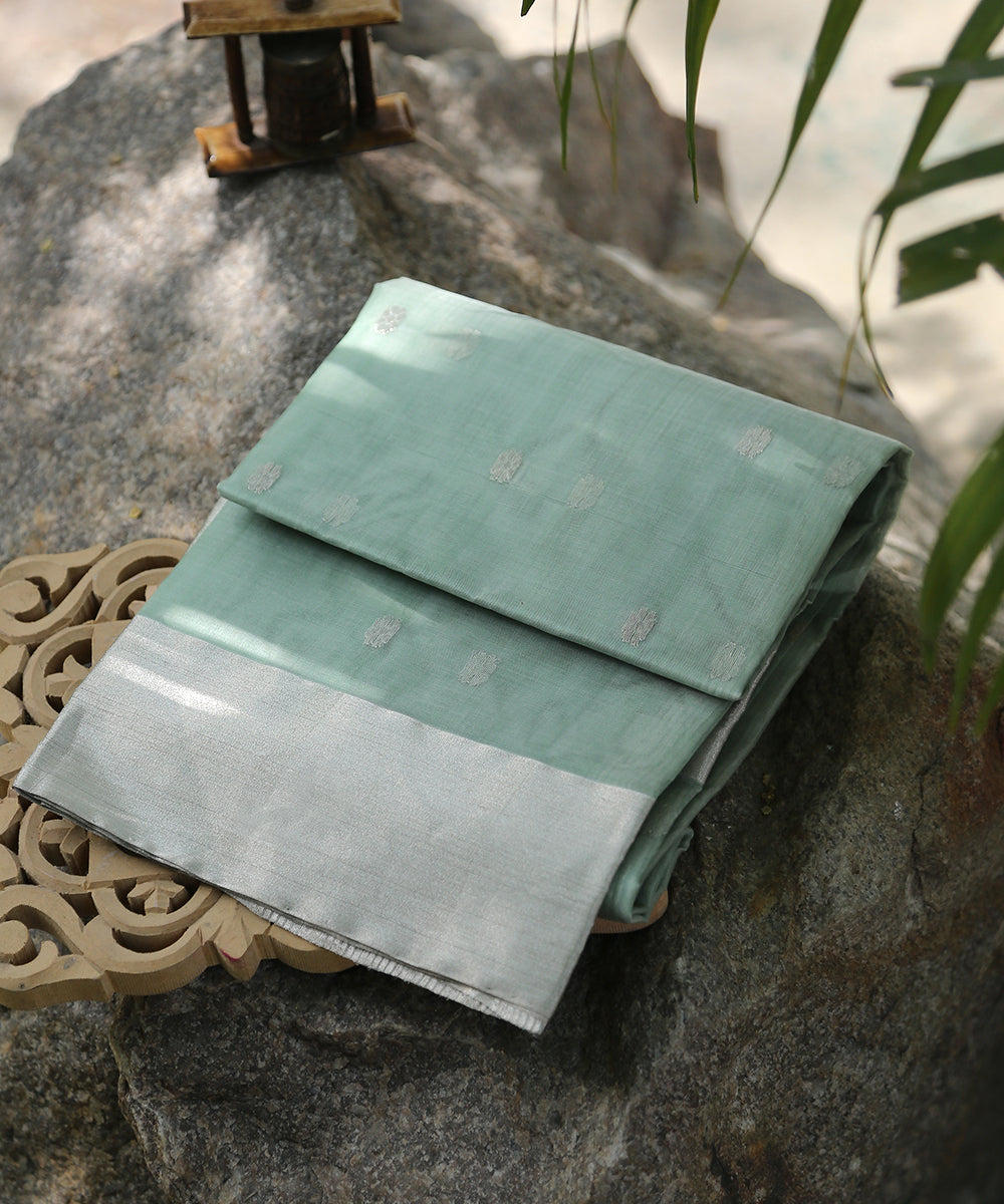 Handloom_Green_Kora_Silk_Chanderi_Dupatta_With_Zari_Booti_WeaverStory_01