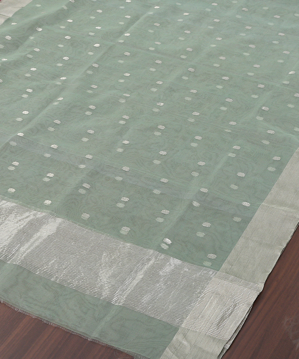 Handloom_Green_Kora_Silk_Chanderi_Dupatta_With_Zari_Booti_WeaverStory_03