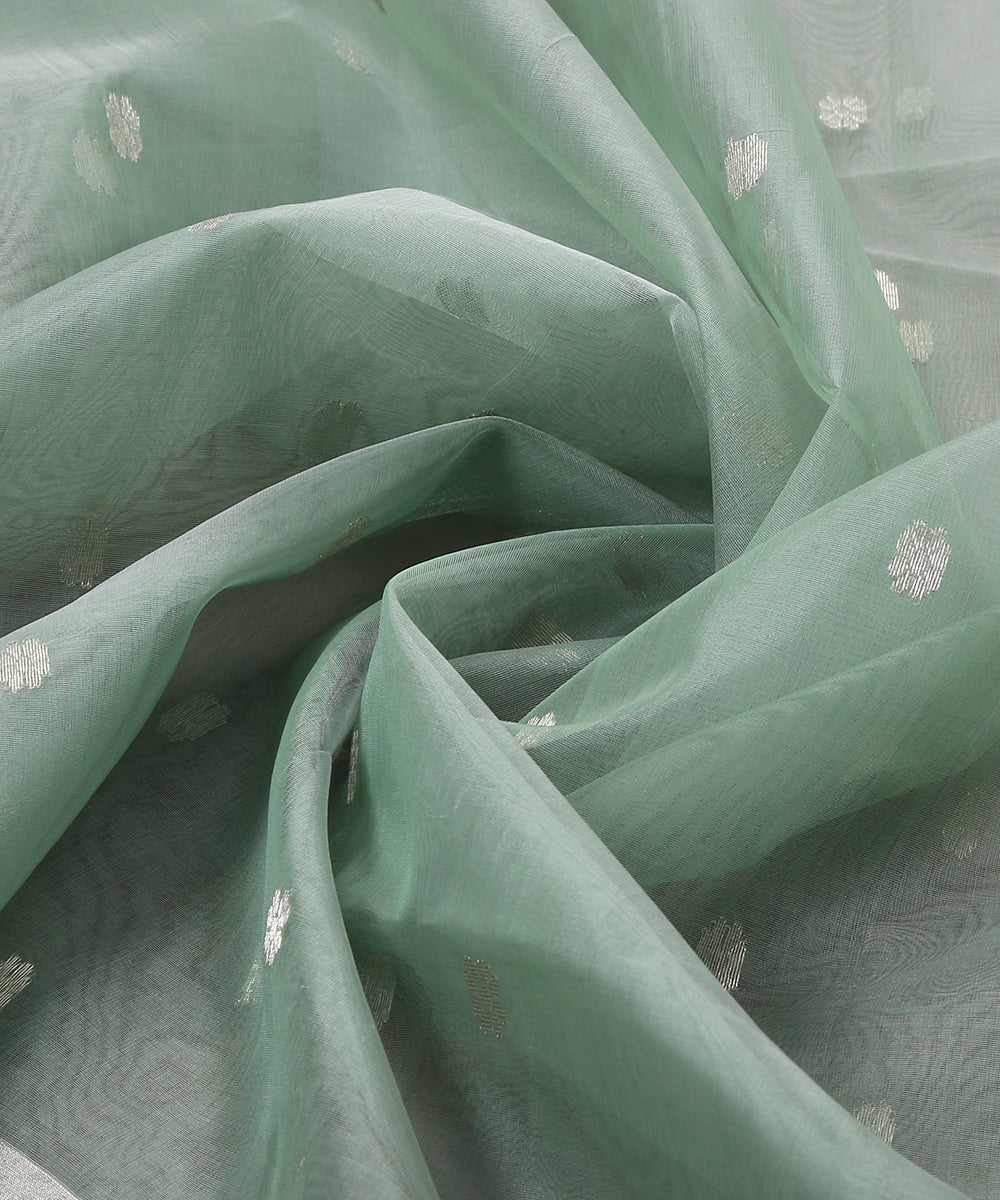 Handloom_Green_Kora_Silk_Chanderi_Dupatta_With_Zari_Booti_WeaverStory_05