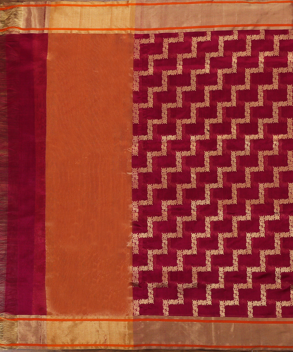 Magenta_Handloom_Eknaliya_Chanderi_Silk_Dupatta_With_Hint_Of_Orange_WeaverStory_02