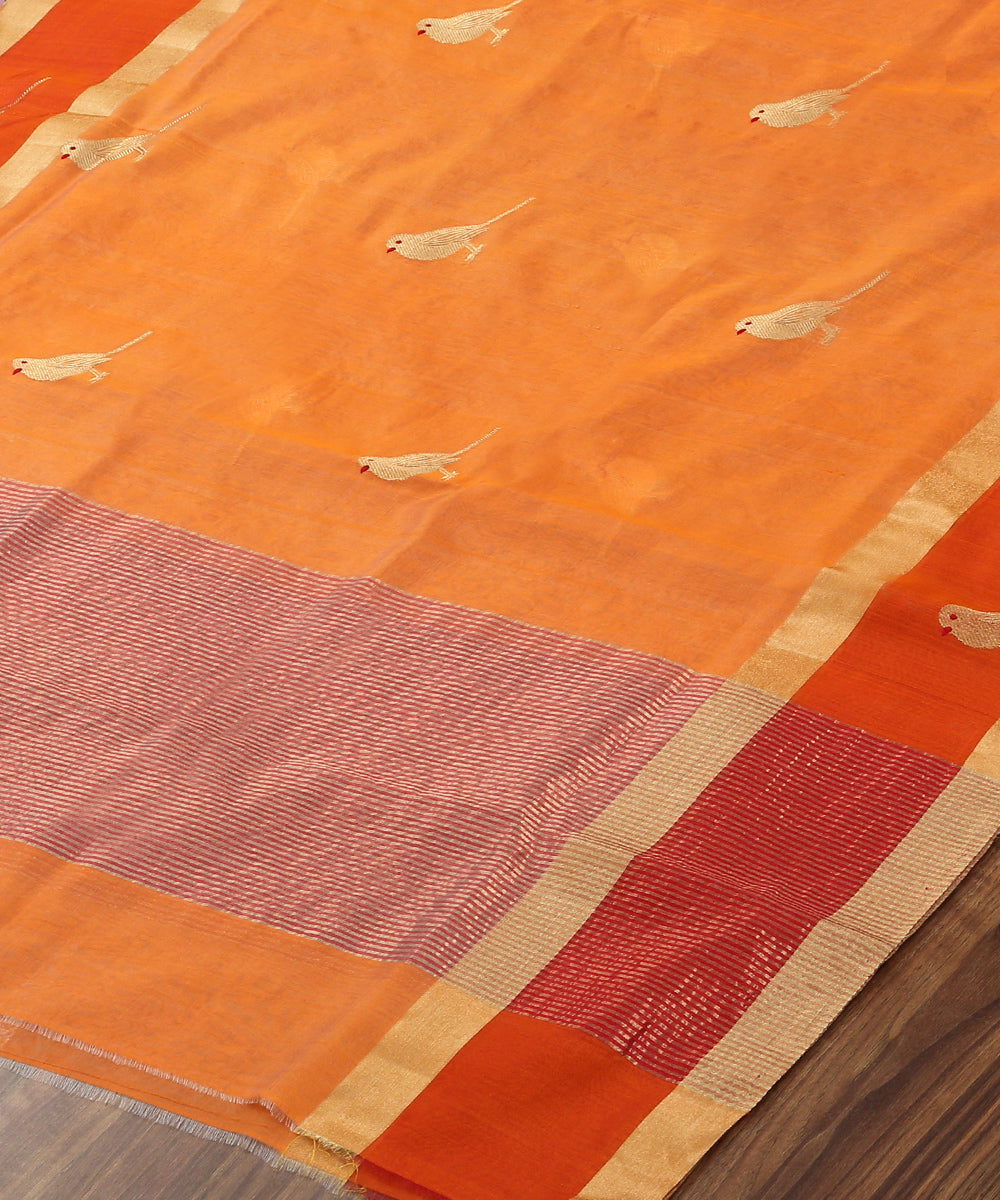 Handloom_Orange_Silk_Chanderi_Dupatta_With_Bird_Motif_On_Border_WeaverStory_03