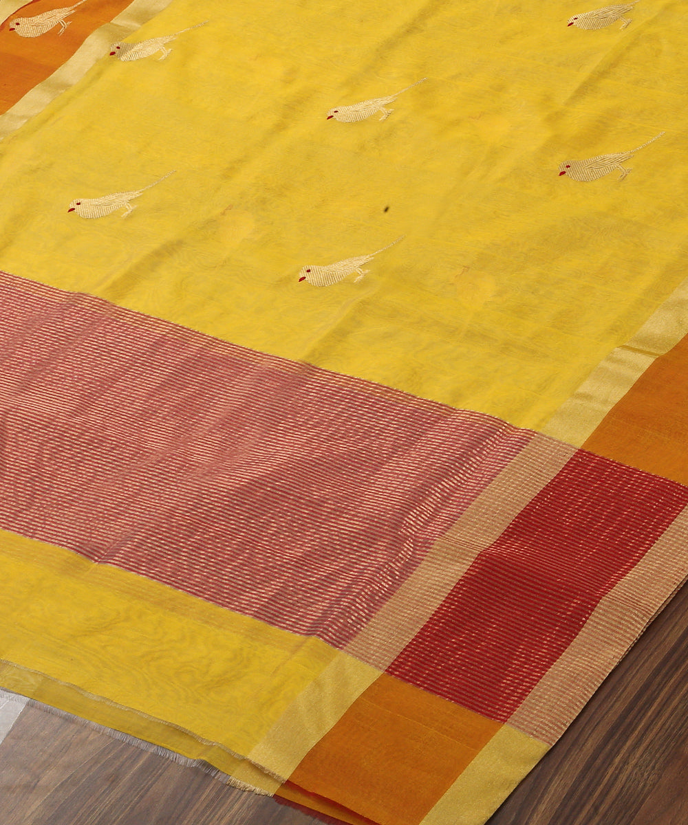 Mustard_Handloom_Silk_Chanderi_Dupatta_With_Bird_Motif_On_Border_WeaverStory_03