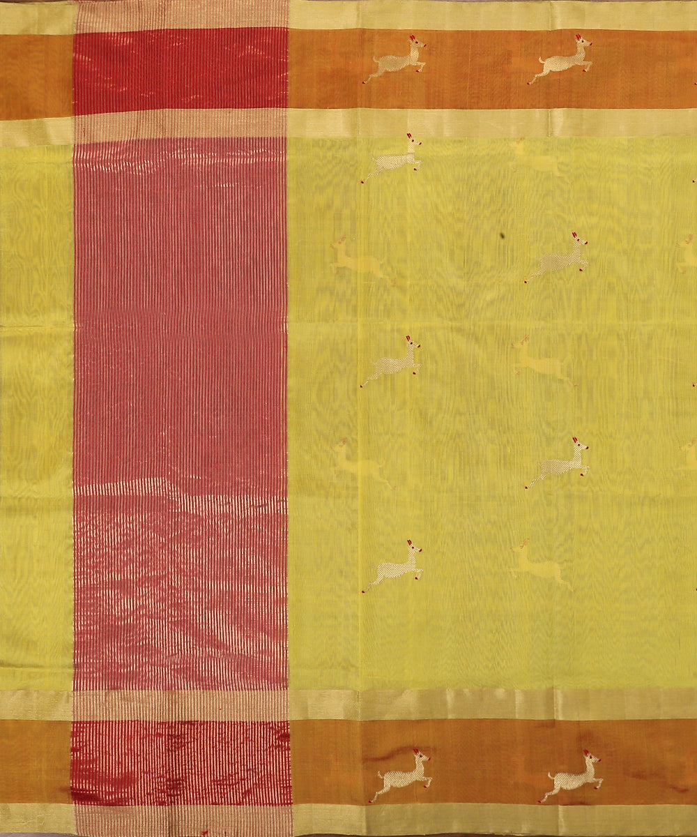 Handloom_Yellow_Silk_Chanderi_Dupatta_With_Deer_Motif_On_Border_WeaverStory_02