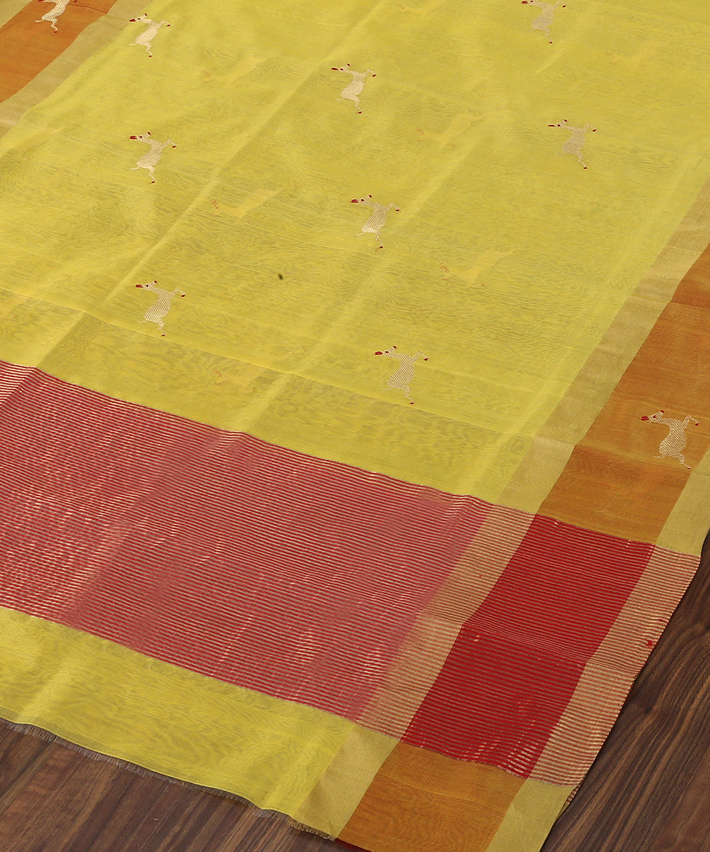 Handloom_Yellow_Silk_Chanderi_Dupatta_With_Deer_Motif_On_Border_WeaverStory_03