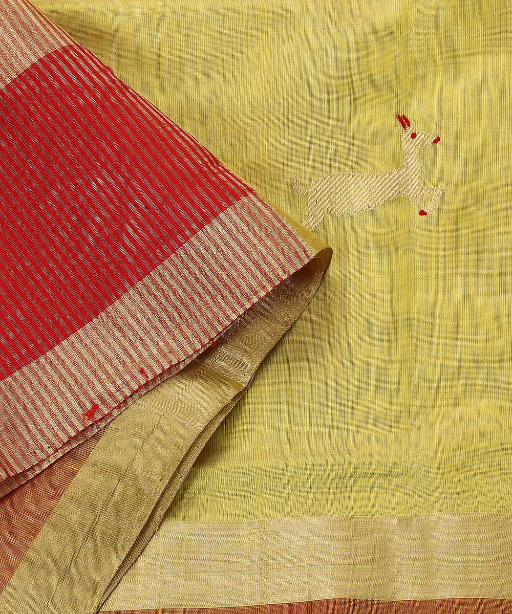 Handloom_Yellow_Silk_Chanderi_Dupatta_With_Deer_Motif_On_Border_WeaverStory_04