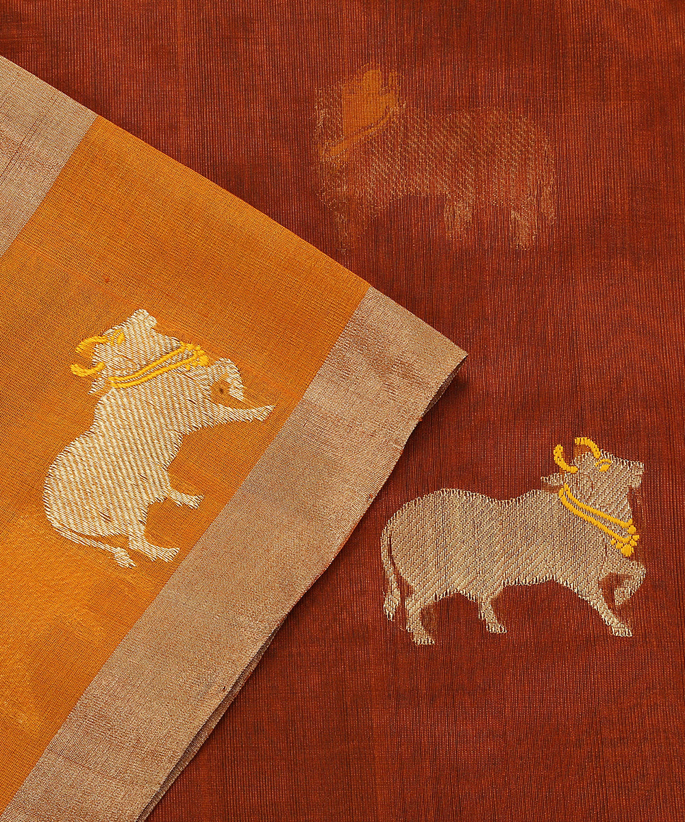 Handloom_Rust_Silk_Chanderi_Dupatta_With_Nandi_Motif_On_Border_WeaverStory_04