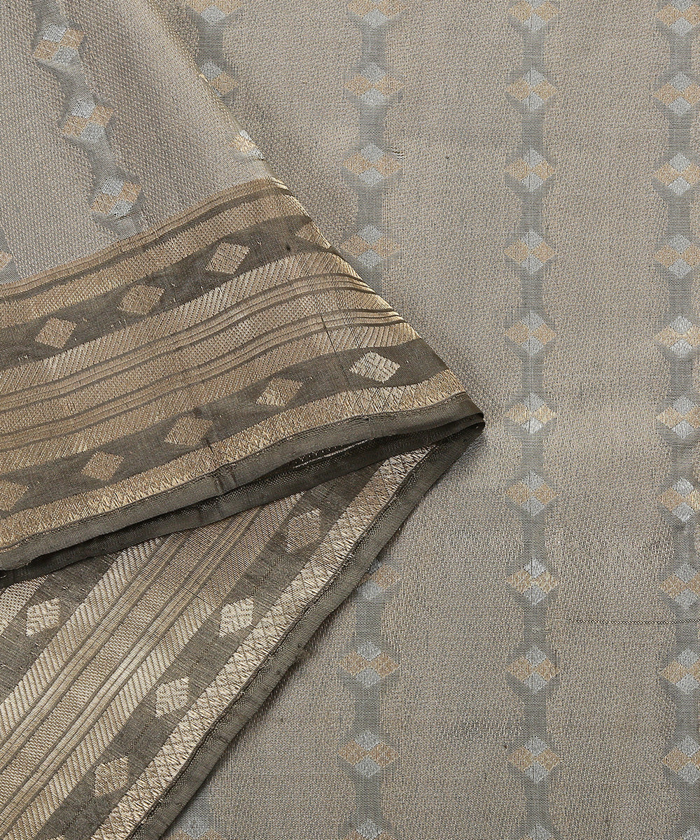 Handloom_Grey_Pure_Silk_Katan_Silk_Dupatta_with_Olive_Meenakari_Border_WeaverStory_04