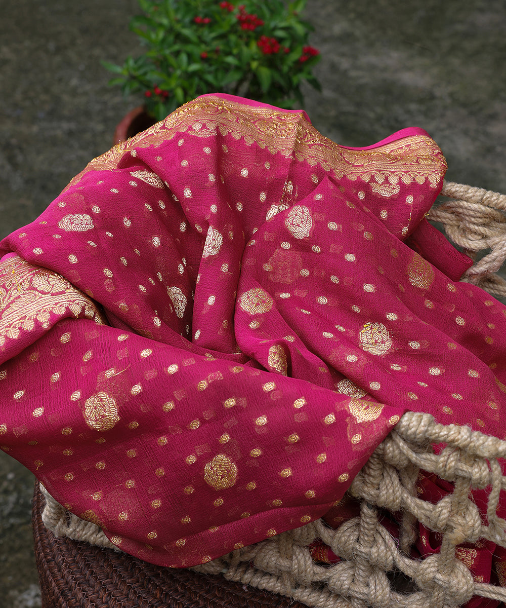 Handloom_Pink_Pure_Gorgette_Banarasi_Dupatta_With_Overall_Booti_WeaverStory_01