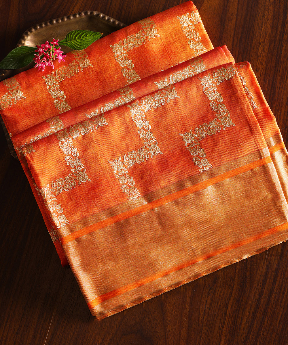 Handloom_Orange_Pure_Silk_Chanderi_Dupatta_With_Chevron_Pattern_WeaverStory_01