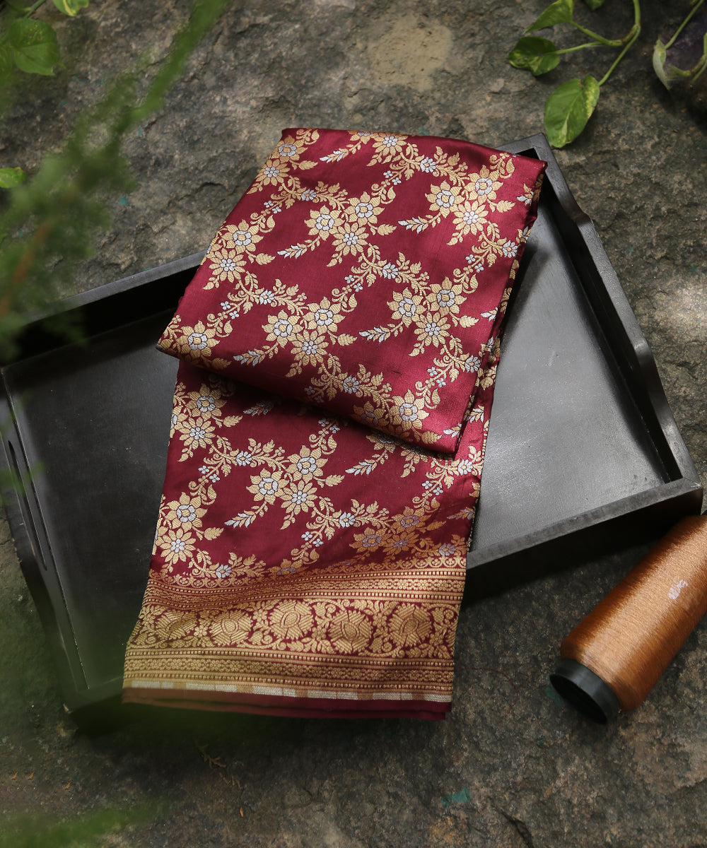 Wine_Handloom_Pure_Katan_Silk_Banarasi_Dupatta_With_Cutwork_Jaal_WeaverStory_01