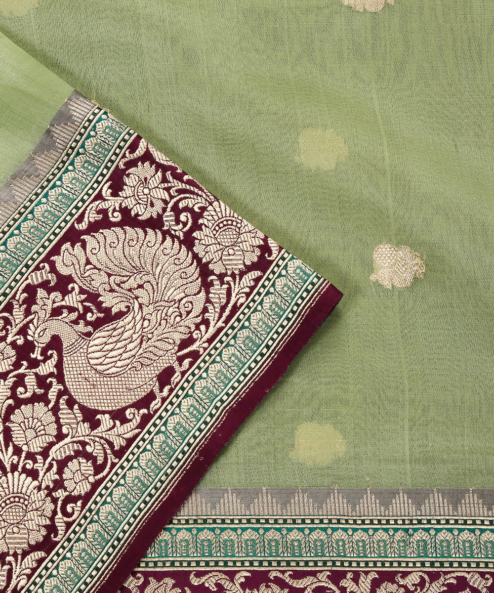 Green_Handloom_Kora_Silk_Banarasi_Dupatta_with_Peacock_Border_WeaverStory_04