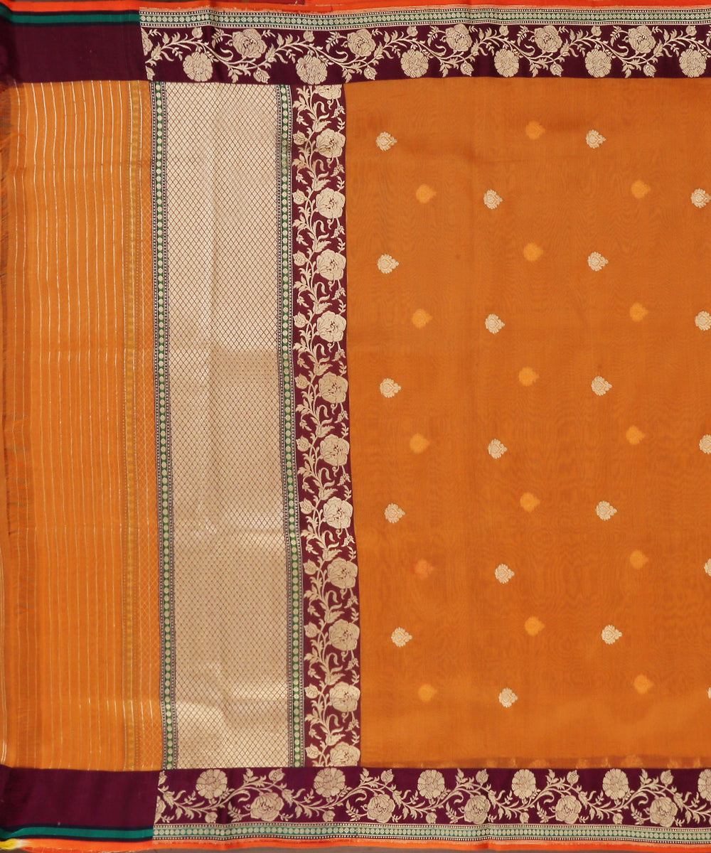 Handloom_Orange_Kora_Silk_Banarasi_Dupatta_With_Wine_Border_WeaverStory_02