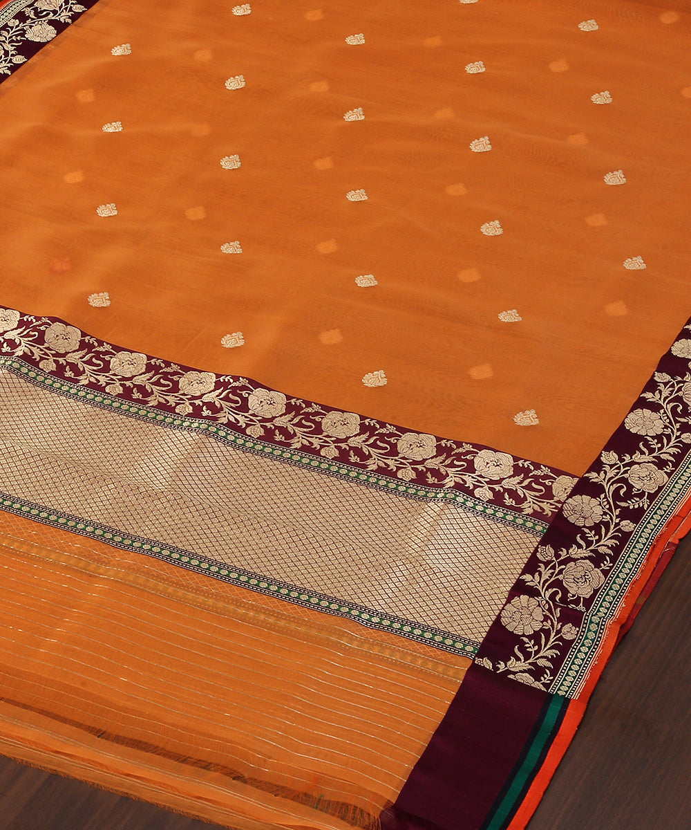 Handloom_Orange_Kora_Silk_Banarasi_Dupatta_With_Wine_Border_WeaverStory_03